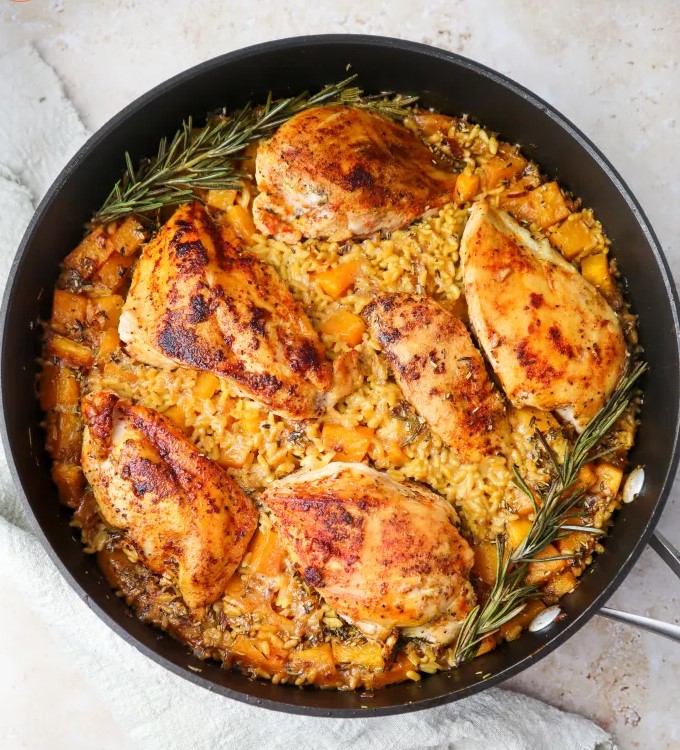 One Pan Butternut Squash, Chicken, and Rice